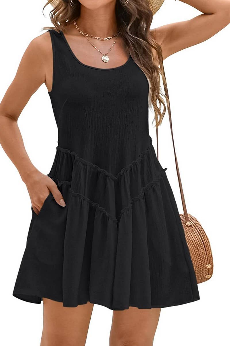 CWDSD8696_U-NECK DRESS WITH V-LACE TRIM AND POCKETS