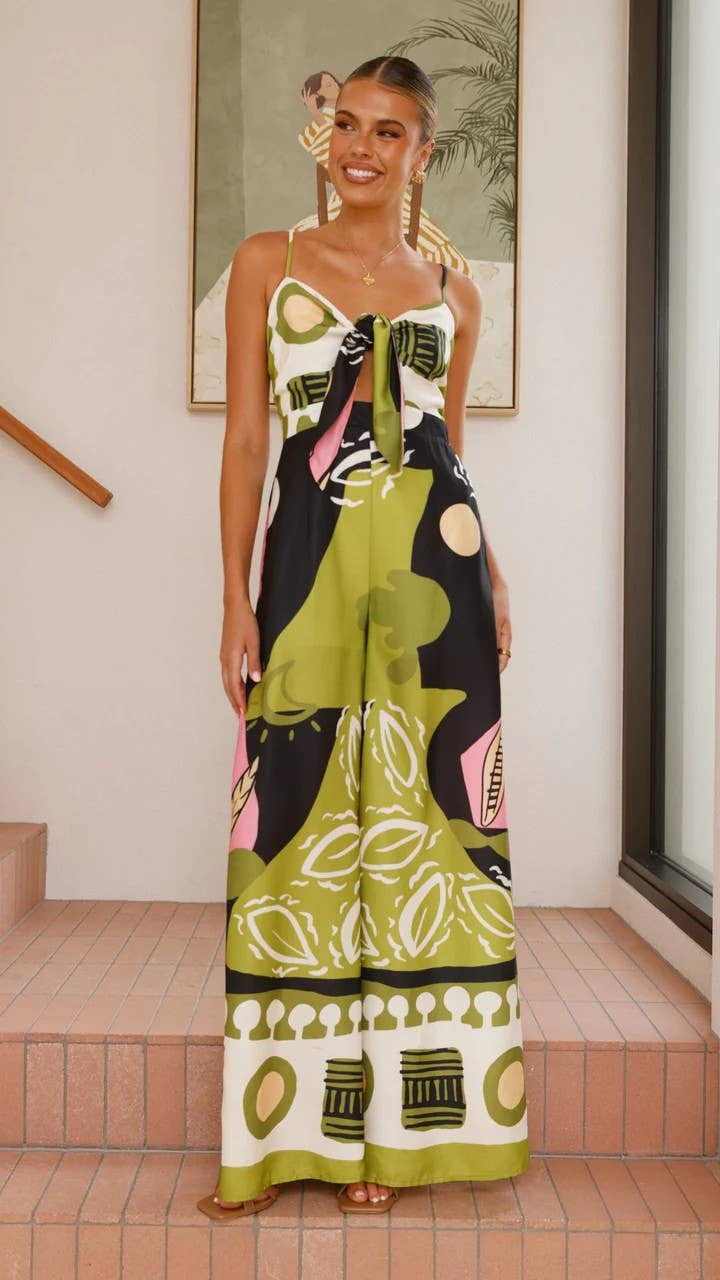 Wide leg straight jumpsuit with halter and knot