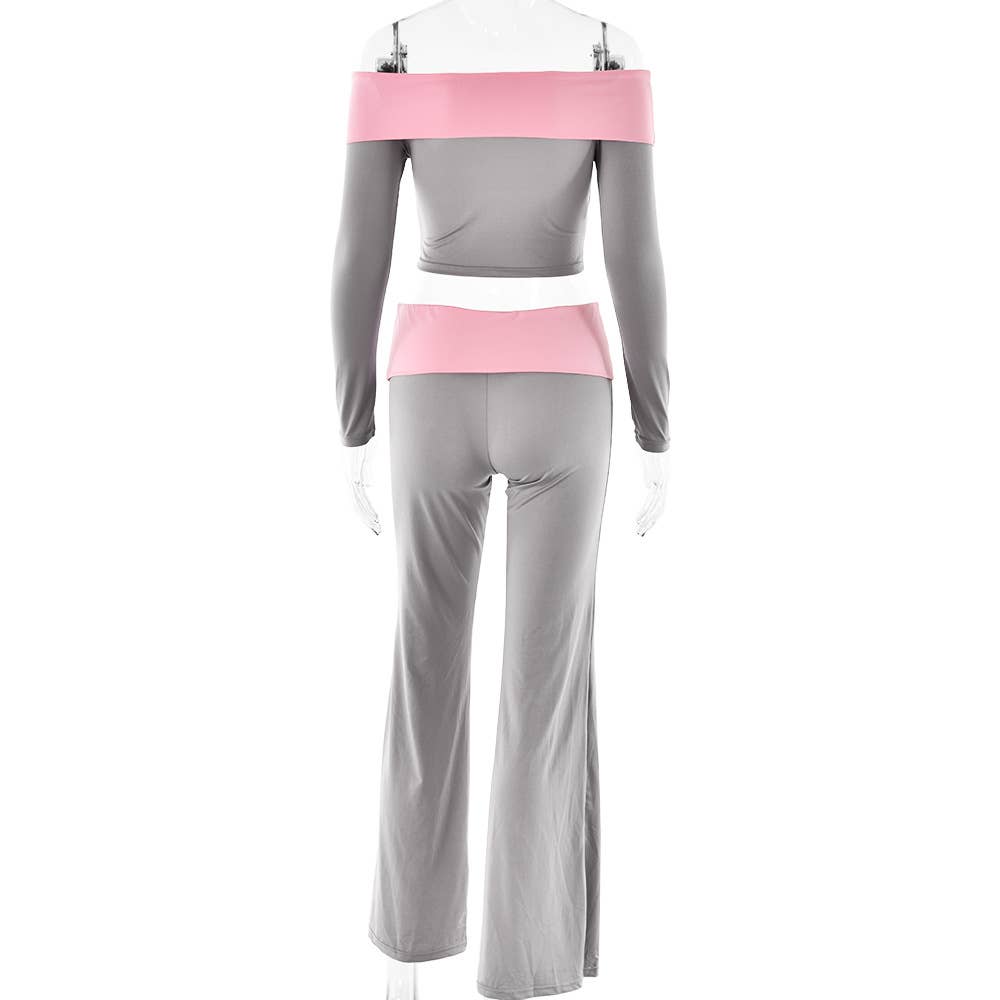 Off-the-shoulder top flared pants suit