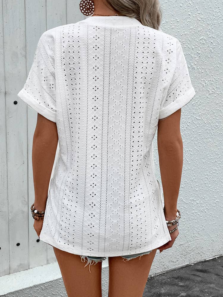 Textured jacquard V-neck short sleeve basic tee