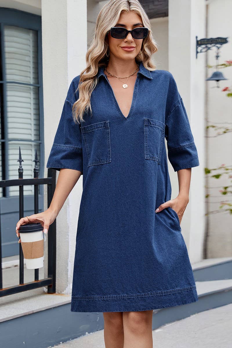 CWDSD10898_CASUAL WASHED V NECK SHORT SLEEVE DENIM DRESS