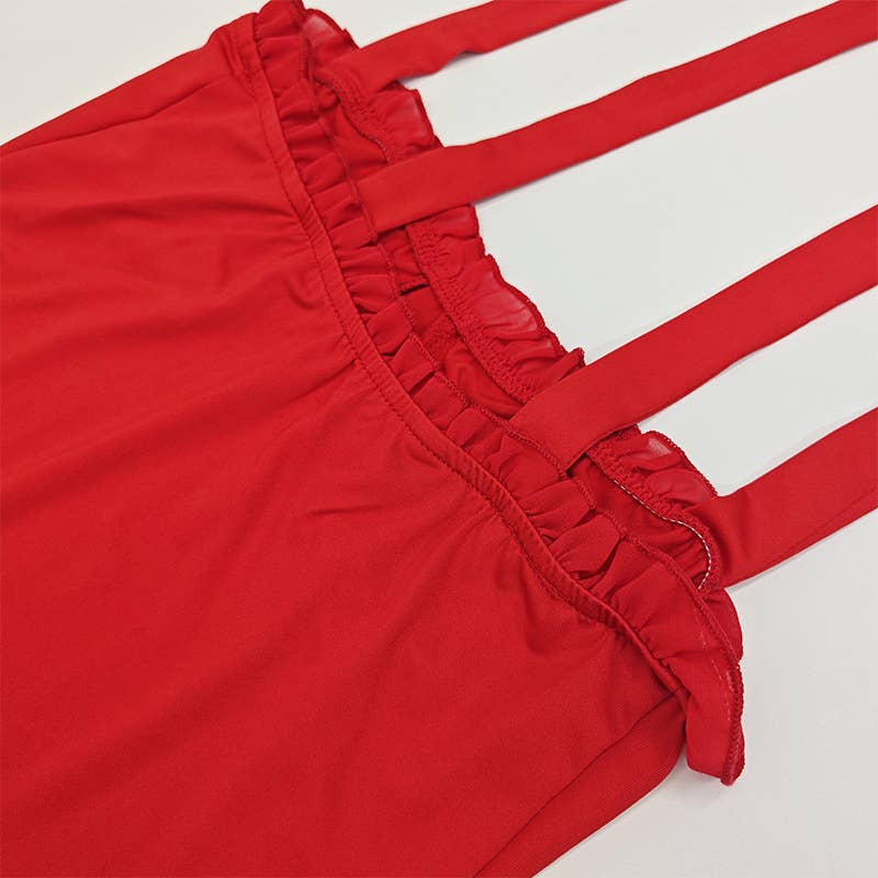 Solid color wooden ear edge dress buttock