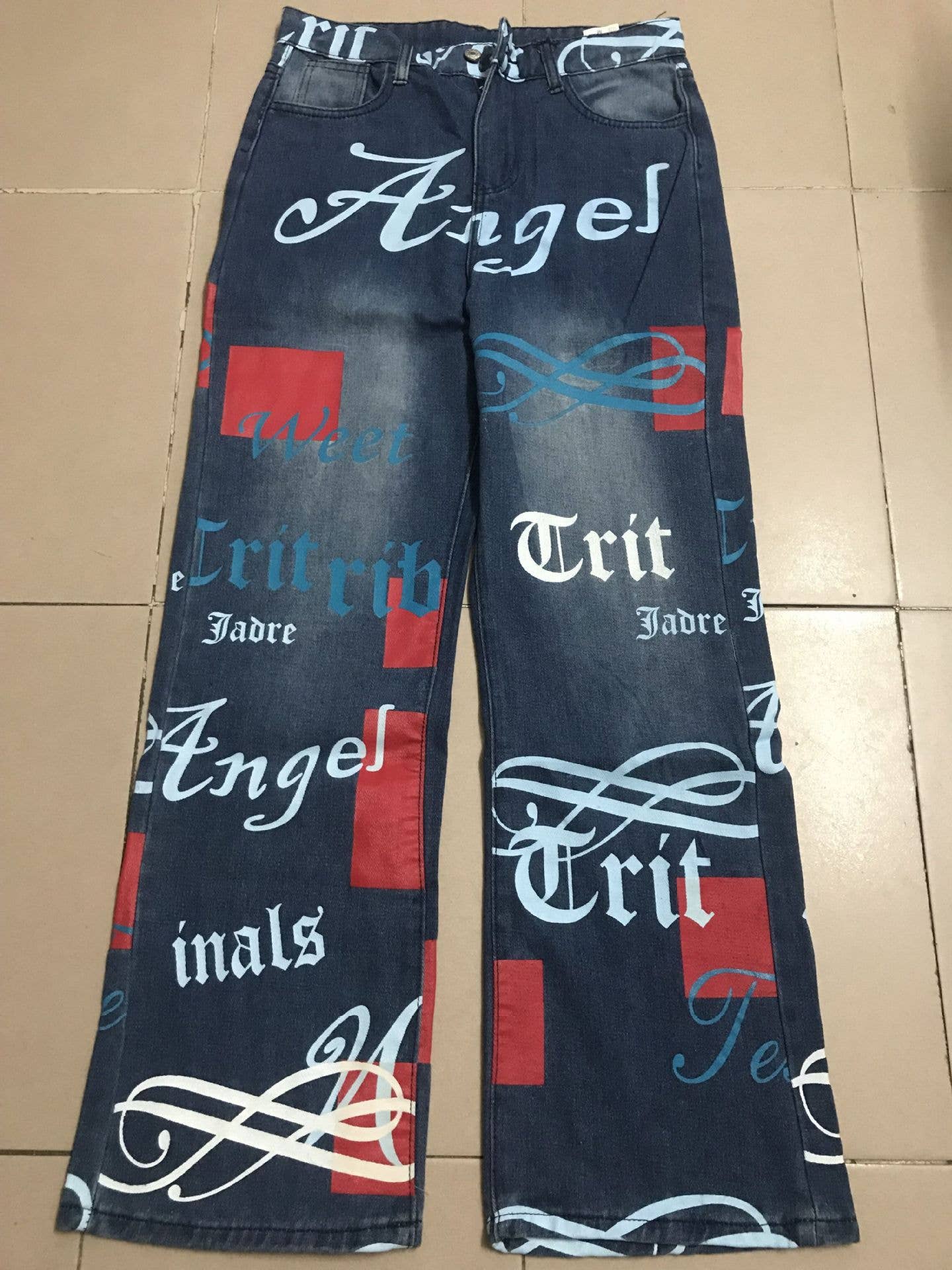 Letter Print Wide Leg Straight Denim Jeans