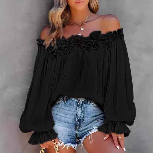 SEXY SOLID COLOR RUFFLED SHOULDER TOP
