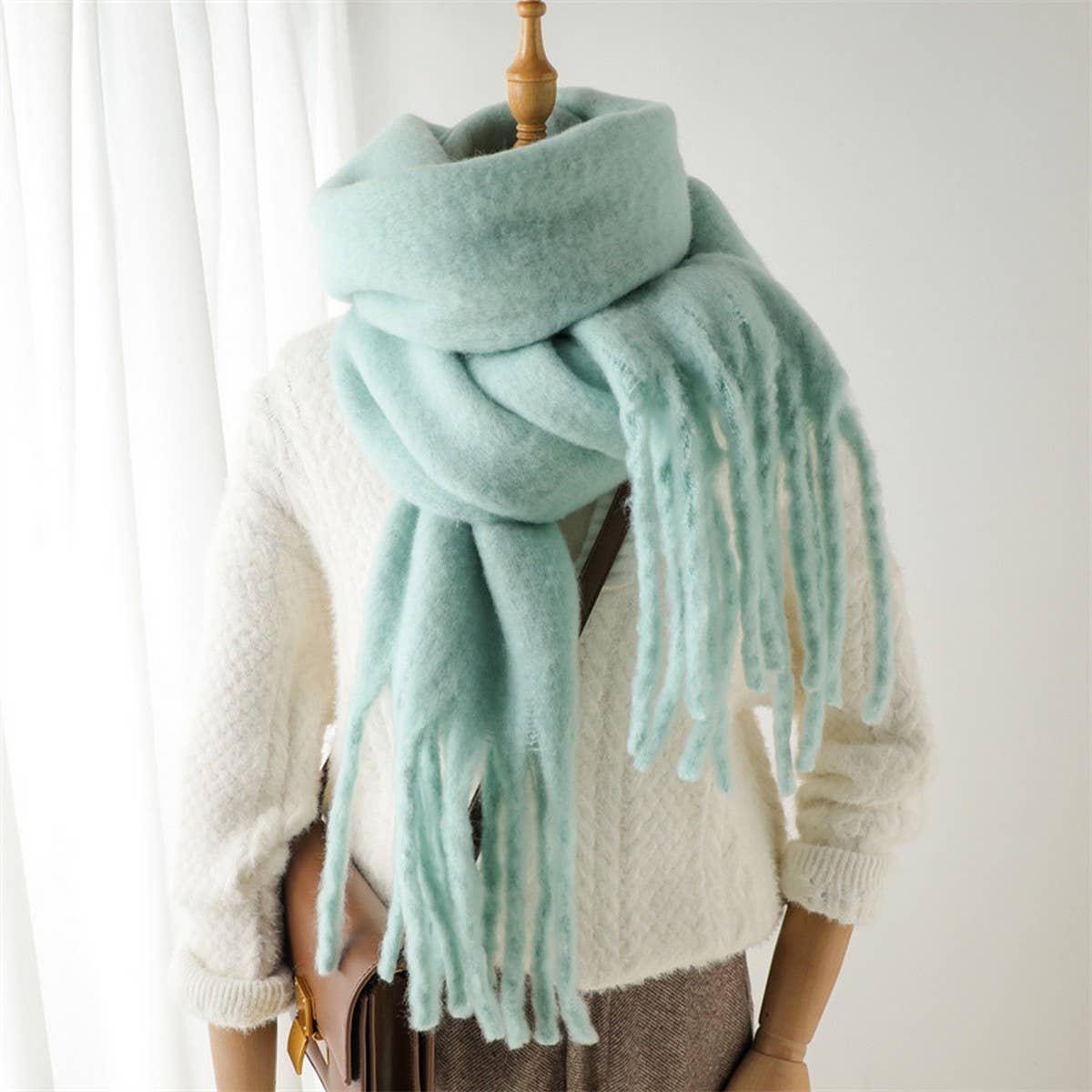 Mohair Tassel Scarf for Winter, Unisex Long Shawl