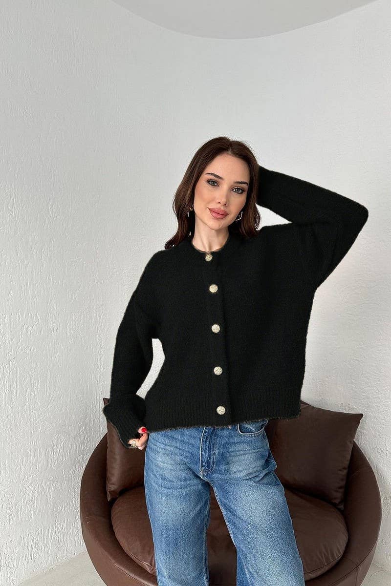 CWOCAL2356_SOLID COLOR CREWNECK BUTTON CARDIGAN