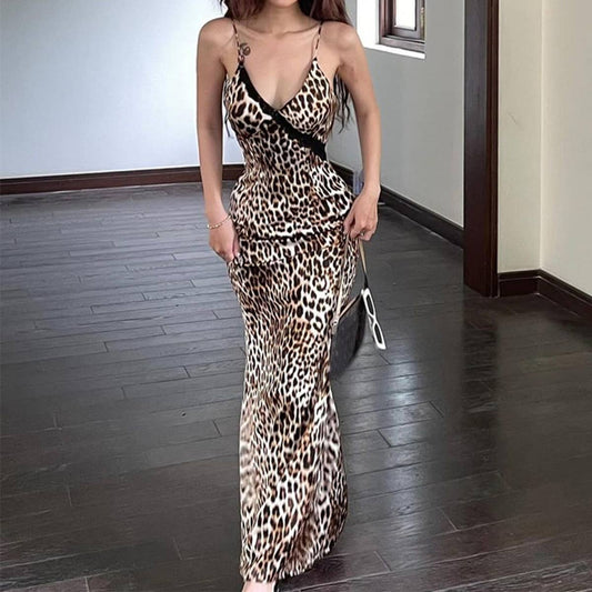 Vintage leopard print sexy bodycon cami dress