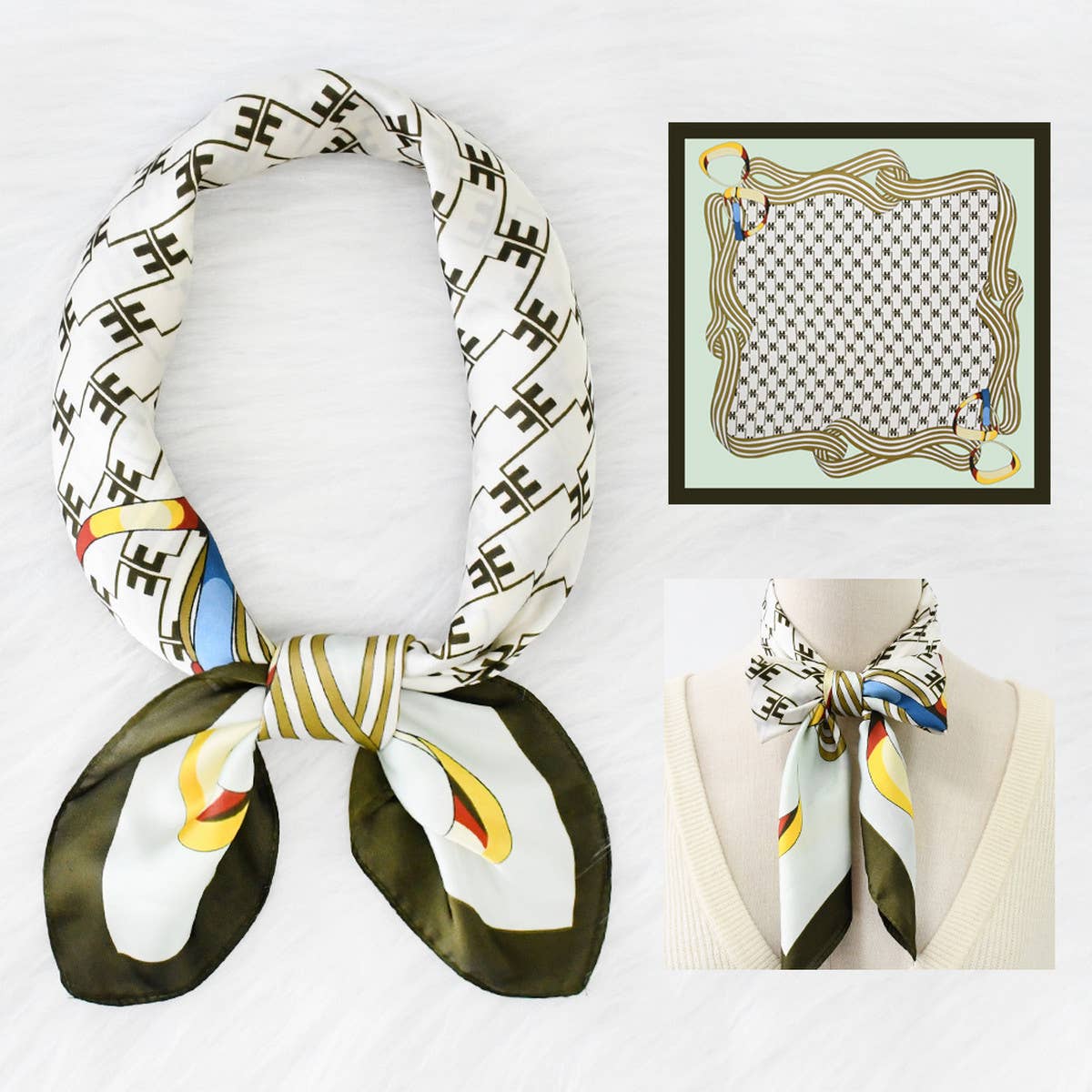 Chain Print Satin Square Scarf for Summer Sun_CWASC1158