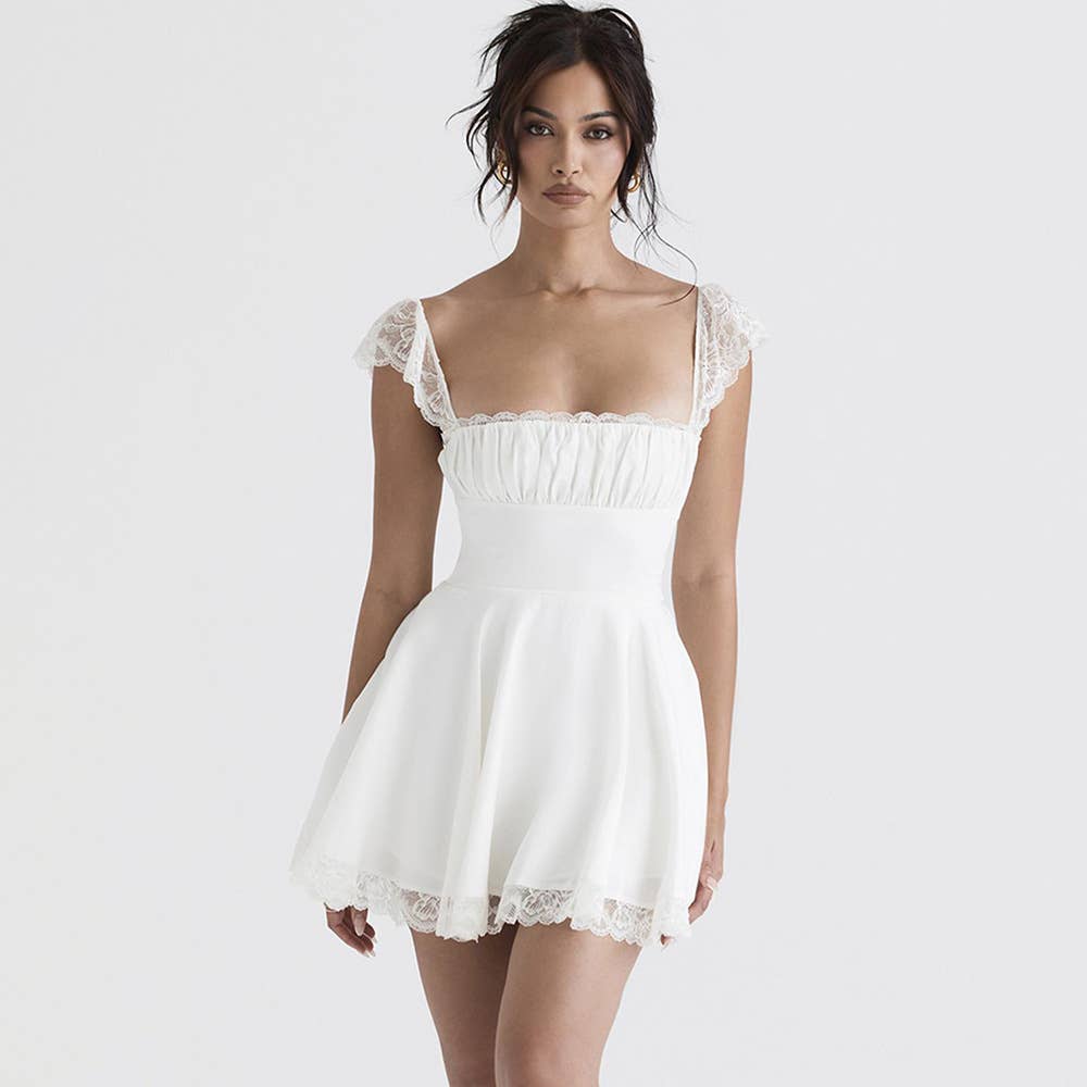 Lace-trimmed square-neck fitted halter dress
