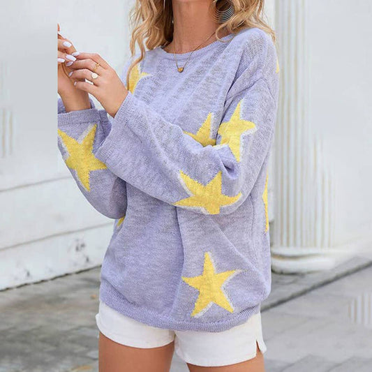 Five-pointed jacquard knitted long-sleeved sweater