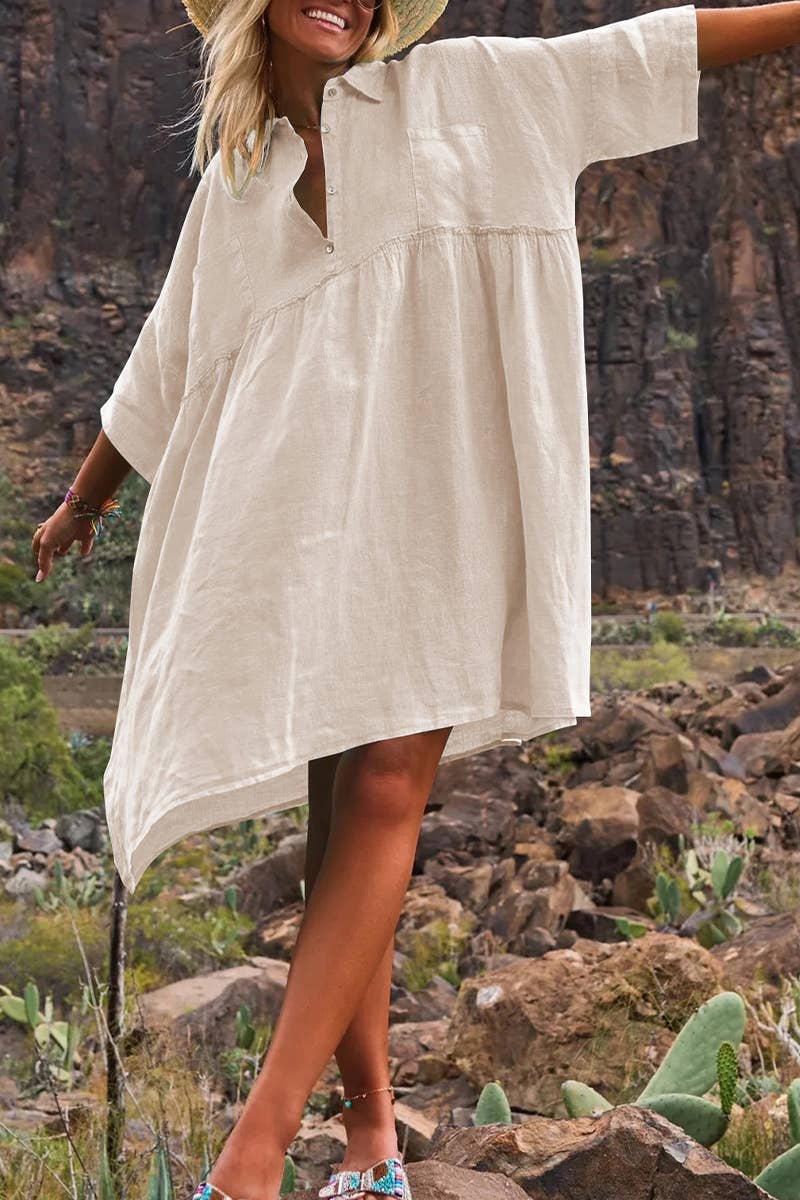 CWDSD8007_LOOSE SOLID COLOR CASUAL BUTTON FASHION DRESS