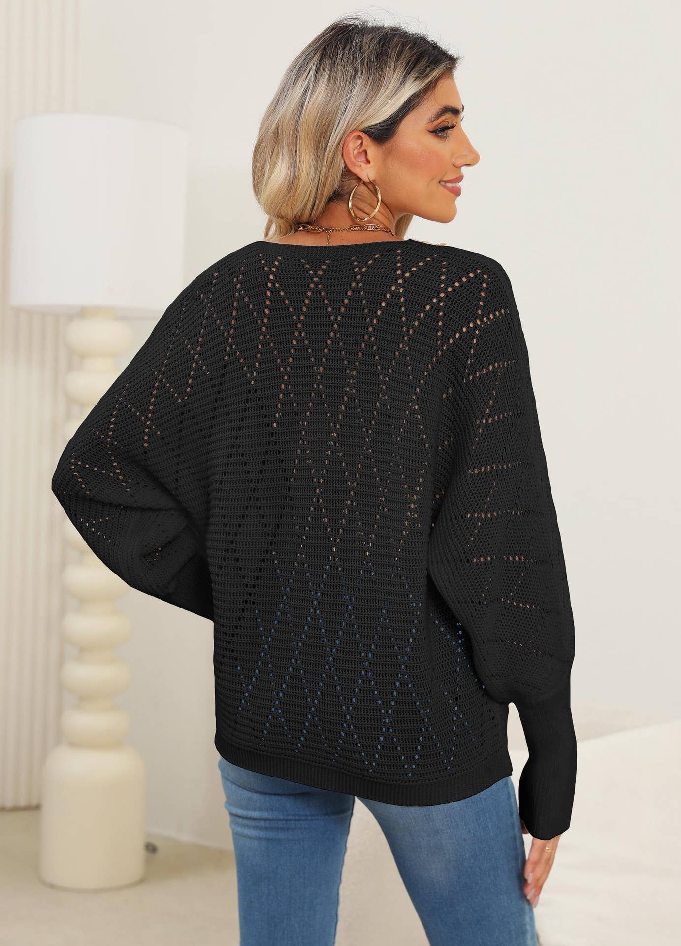 LACE V-NECK PATCHWORK BATSLEEVE SWEATER