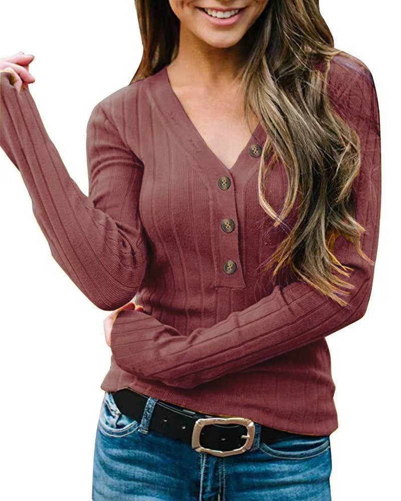 V-NECK BUTTON SOLID COLOR LONG-SLEEVED SWEATER