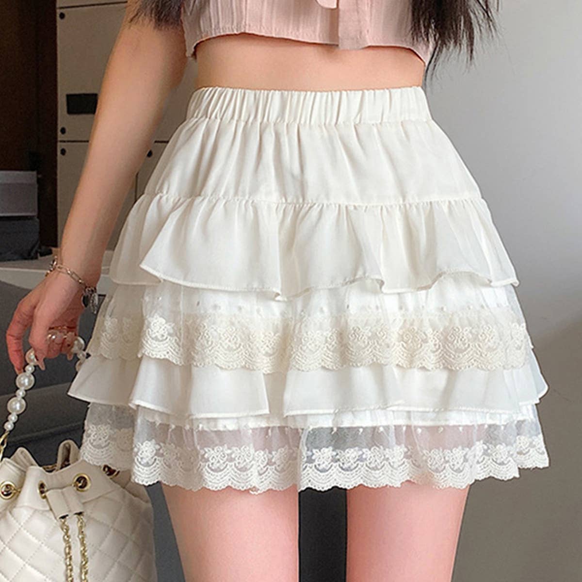 Multi-layer elastic-waist lace-trimmed cake dress