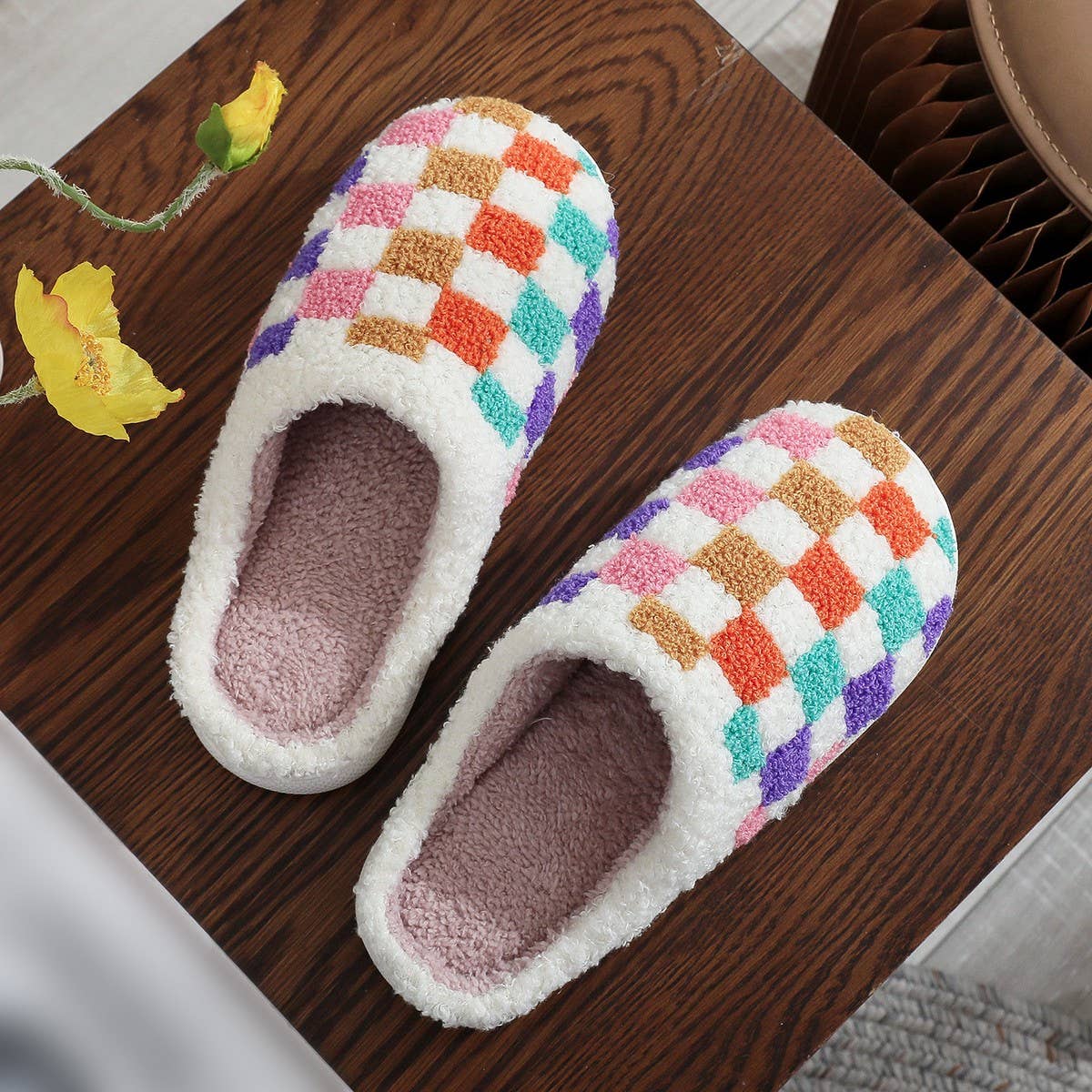 COLORFUL PLAID PRINT EMBROIDERED COTTON SLIPPERS