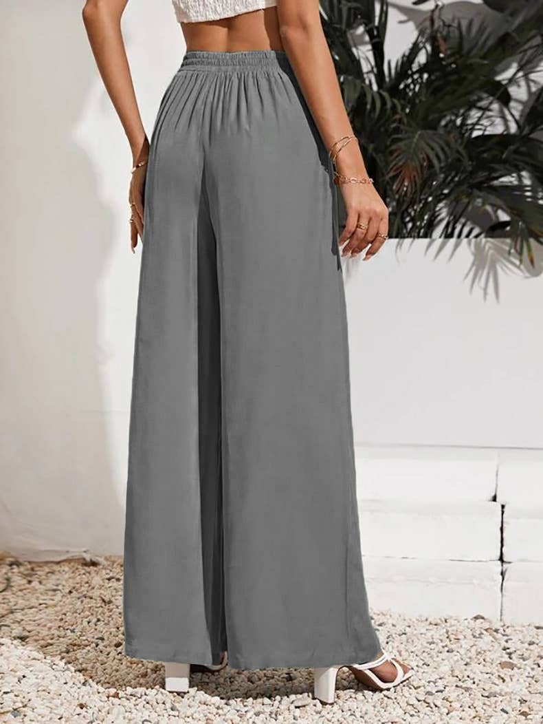 Solid-color loose tight waistband wide-leg pants