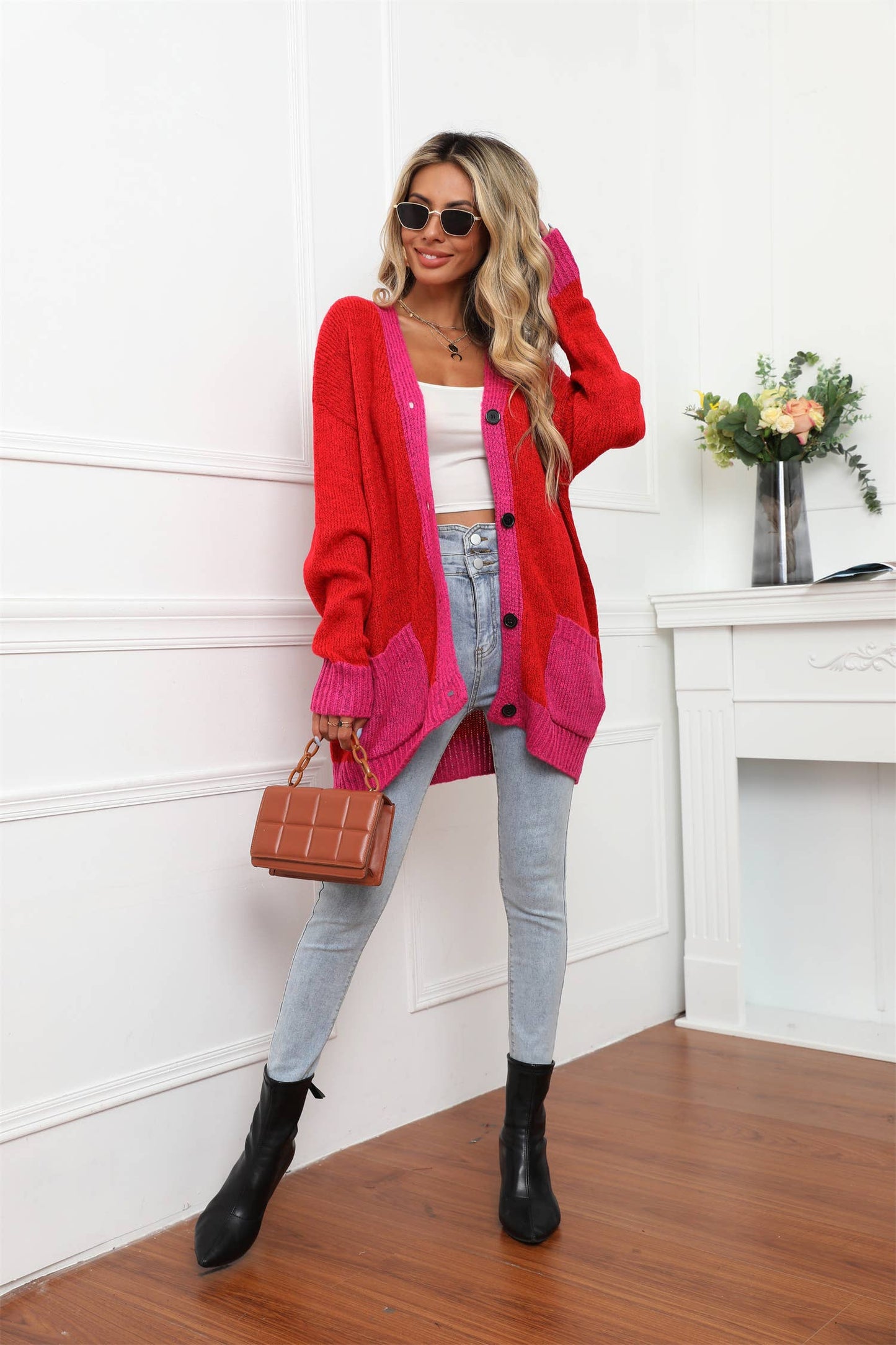 Knit patchwork fashion solid color button cardigan