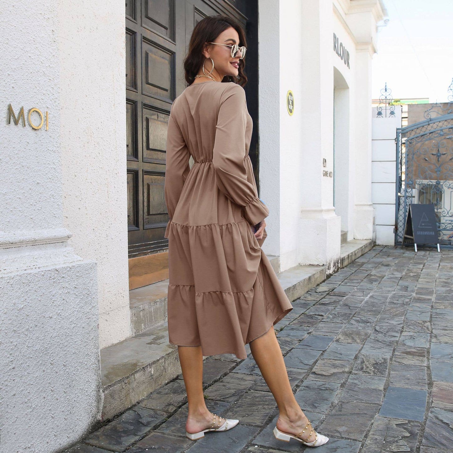 V-NECK LAYERED FLARED SLEEVES LONG-SLEEVED DRESS