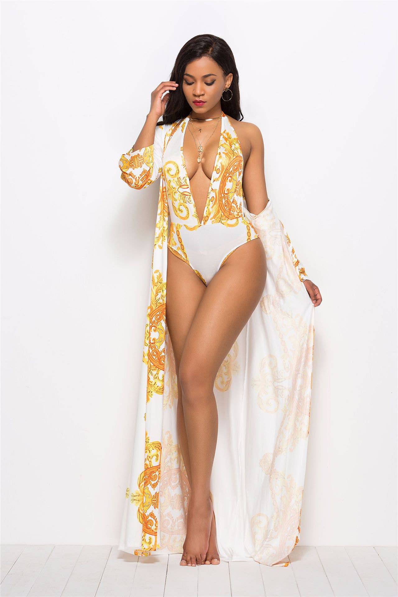 Sexy print cape deep V-neck bikini two-piece set