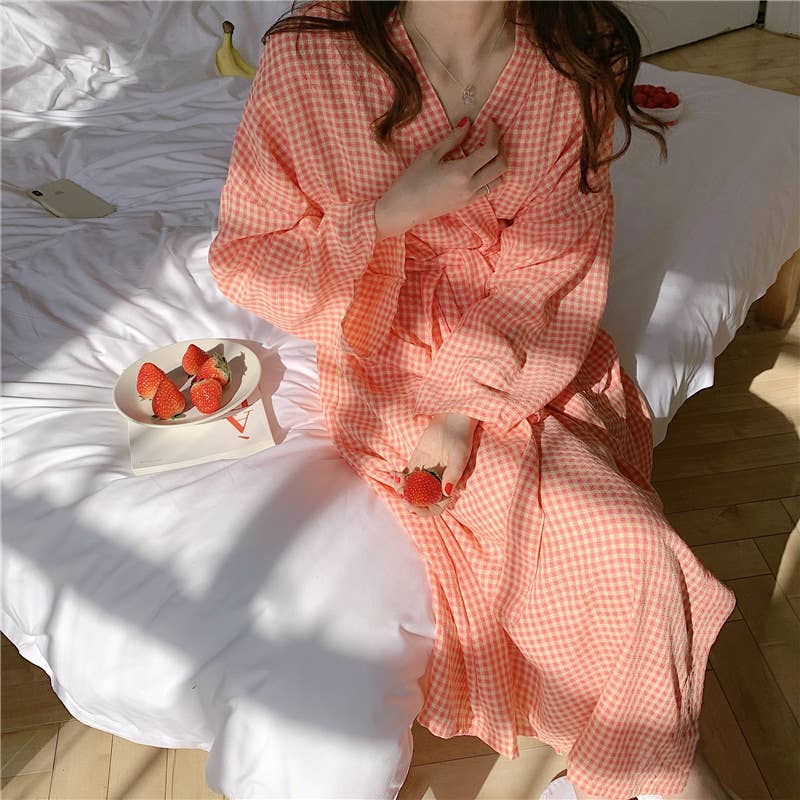 Long front-opening laced home gown gown