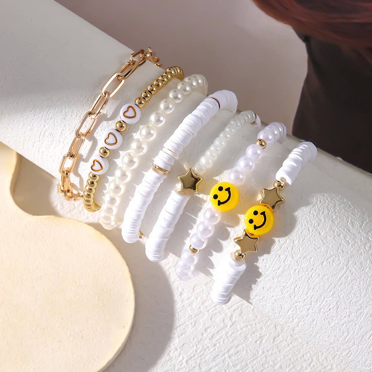 WHITE POLYMER CLAY STAR SMILEY FACE BRACELET SET