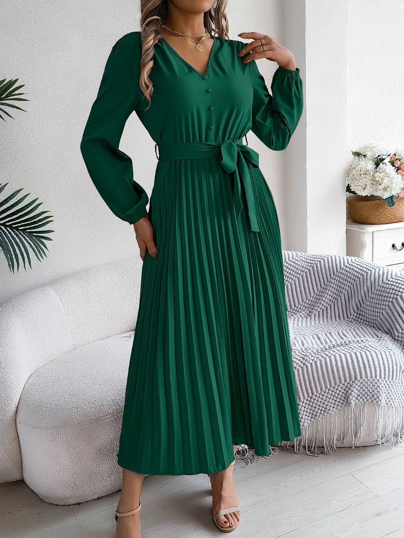 V-NECK BUTTON-UP LONG PLEATED DRESS