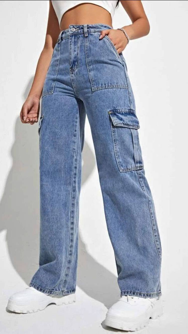 WOMEN'S CARGO MULTI-BAG STRAIGHT-LEG DENIM PANTS