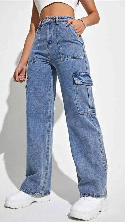 WOMEN'S CARGO MULTI-BAG STRAIGHT-LEG DENIM PANTS