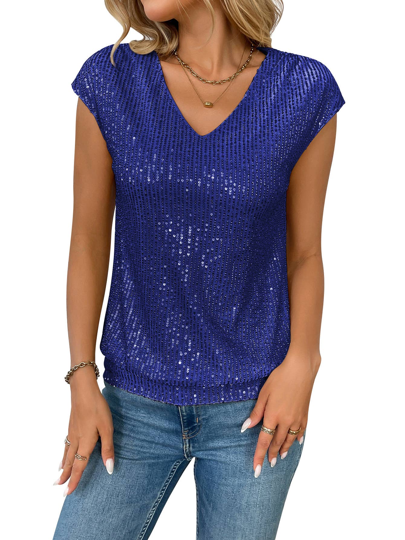 V-neck sequined short-sleeved slim-fit top