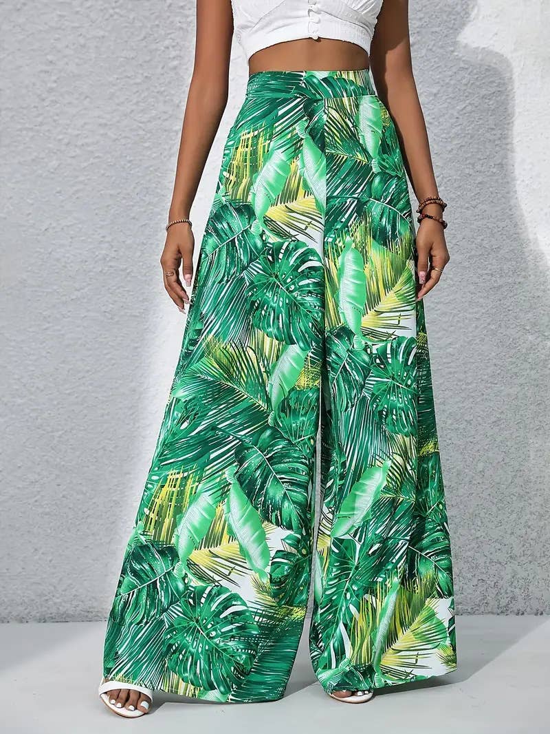 Plant-printed high-waisted wide-leg trousers