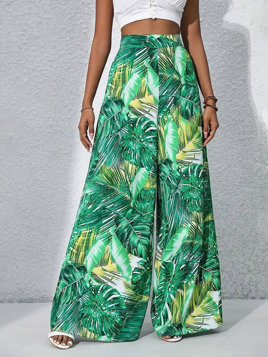 Plant-printed high-waisted wide-leg trousers