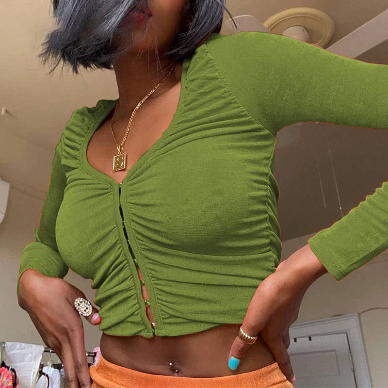 V-neck solid color pleated hidden button top