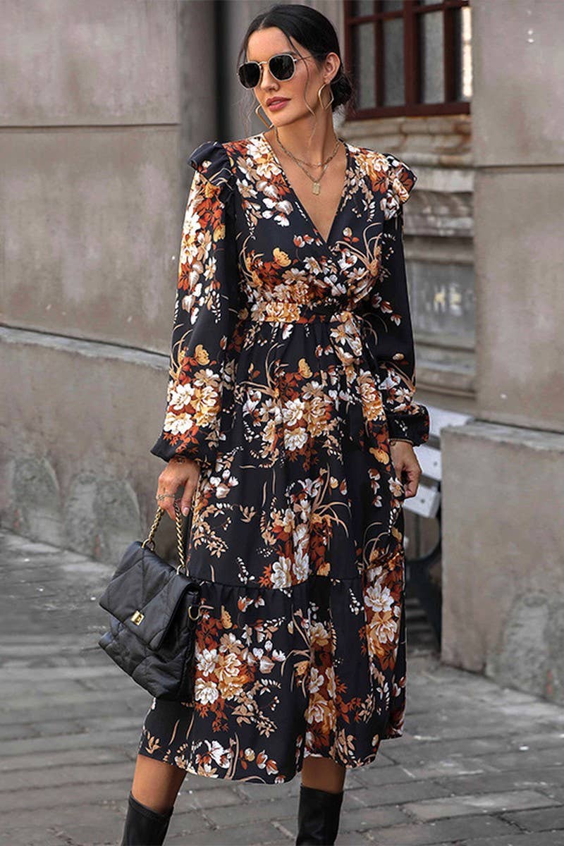 CWDMD4736_NEW LADIES V-NECK PRINTED MIDI DRESS