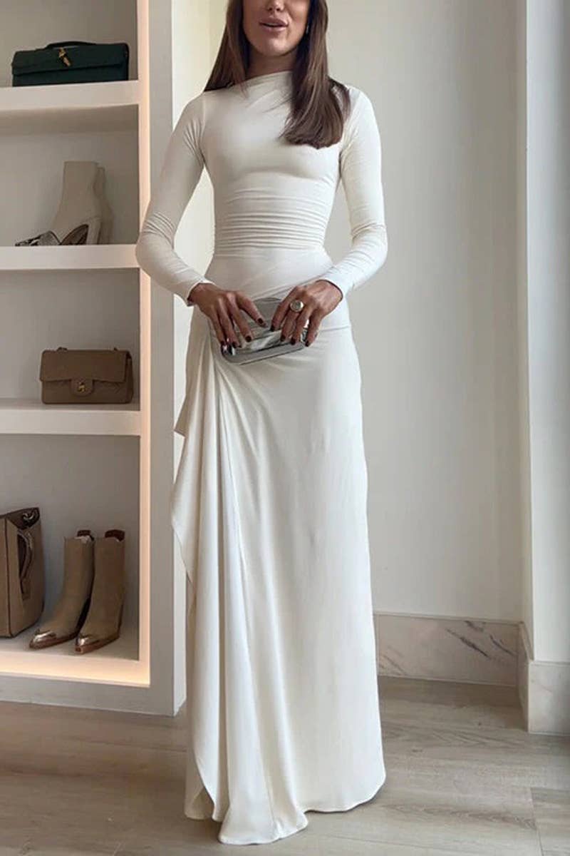 LONG SLEEVE SOLID COLOR IRREGULAR SHEATH DRESS