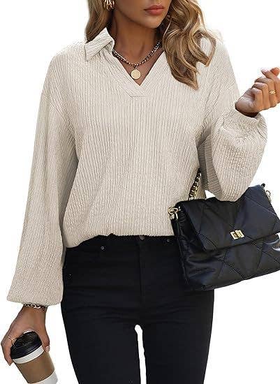 SOLID COLOR LAPEL LOOSE LONG-SLEEVED POLO SHIRT