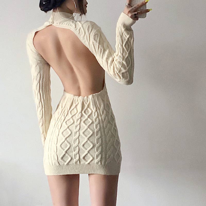 LONG-SLEEVED BACKPACK-BARE HIP KNIT DRESS