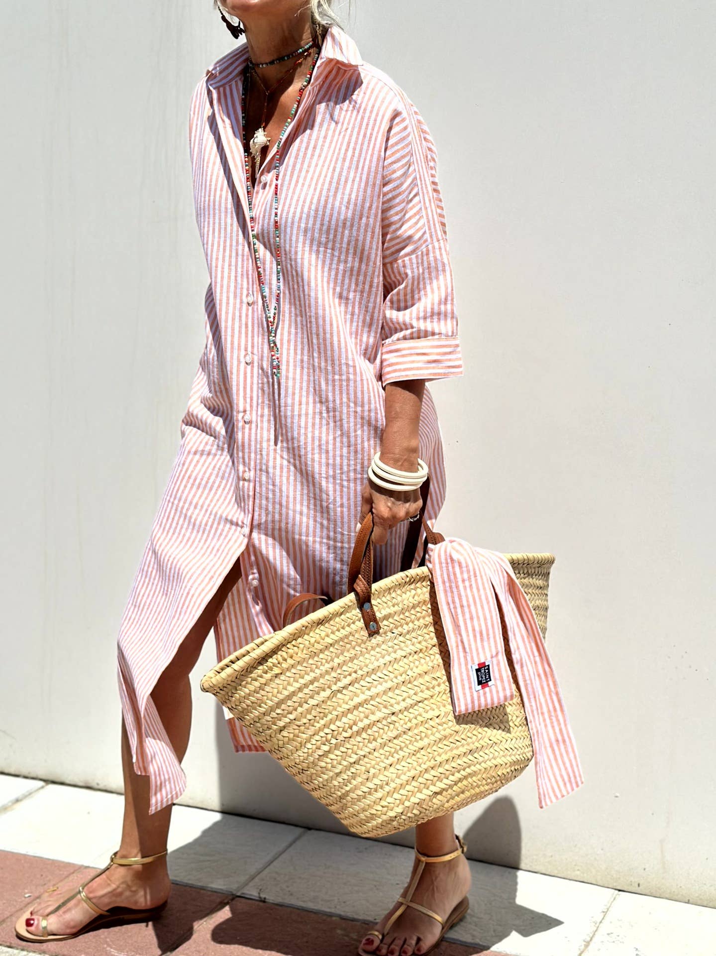 FIVE-QUARTER SLEEVE STRIPED SHIRT DRESS