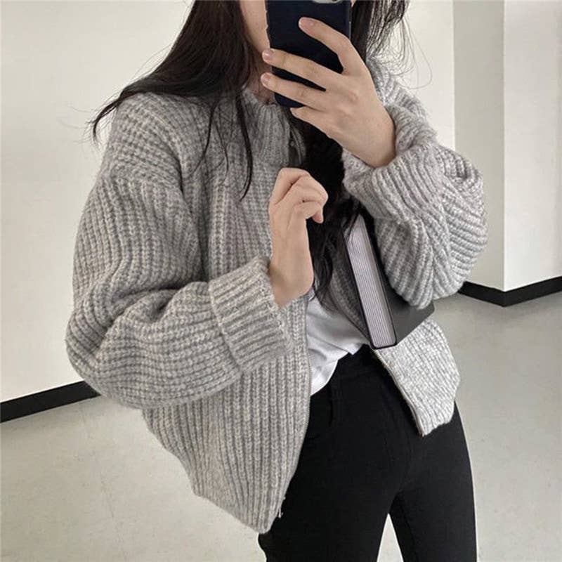 Solid-color zipper thick knitted cardigan