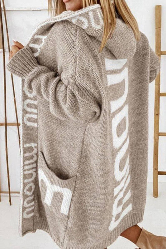 HOODED LETTER KNIT LONG SWEATER COAT