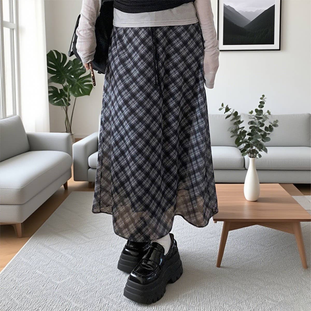 White gauze plaid tall waist long skirts