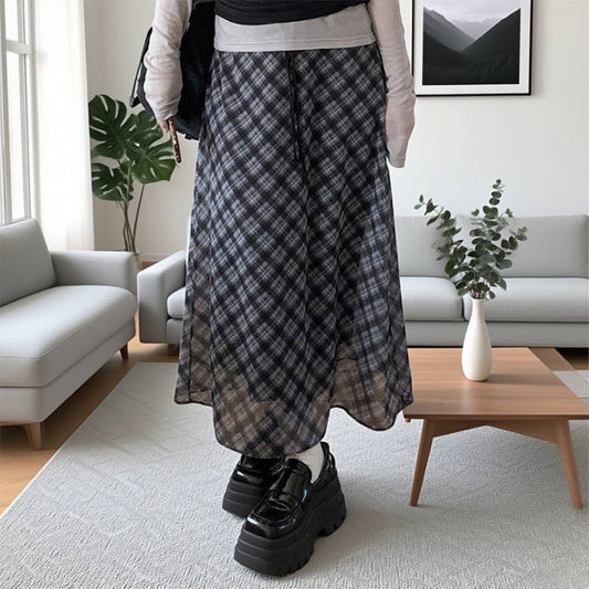 White gauze plaid tall waist long skirts