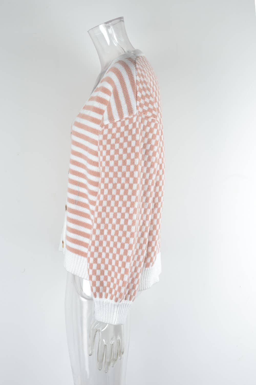 KNITTED PLAID PATCHWORK STRIPED CARDIGAN COAT