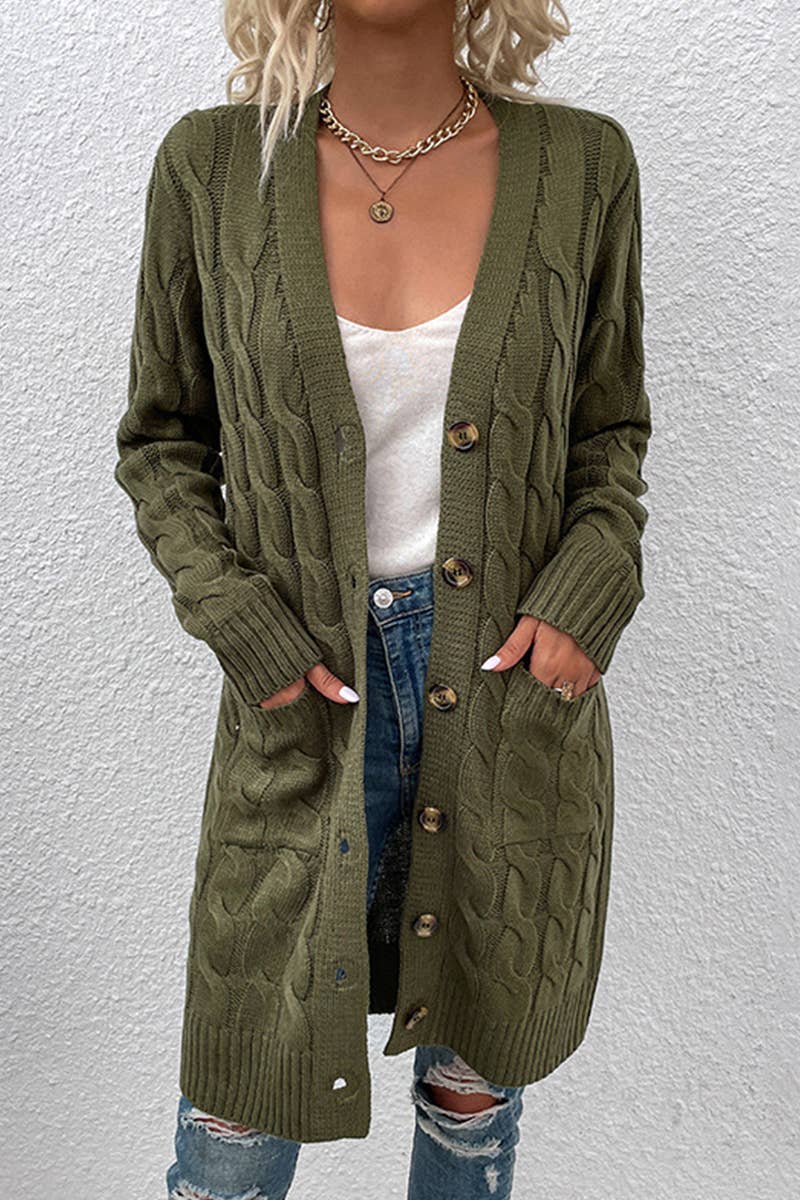 CWOCAL356 Button Down Cable Crew Neck Pullover Long Sweater