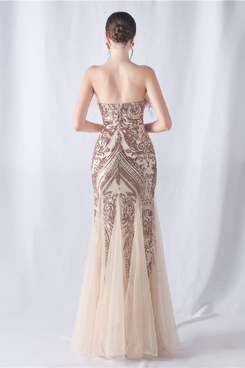 CWDMD3628_FURRY STRAPLESS SEQUIN EVENING DRESS LONG