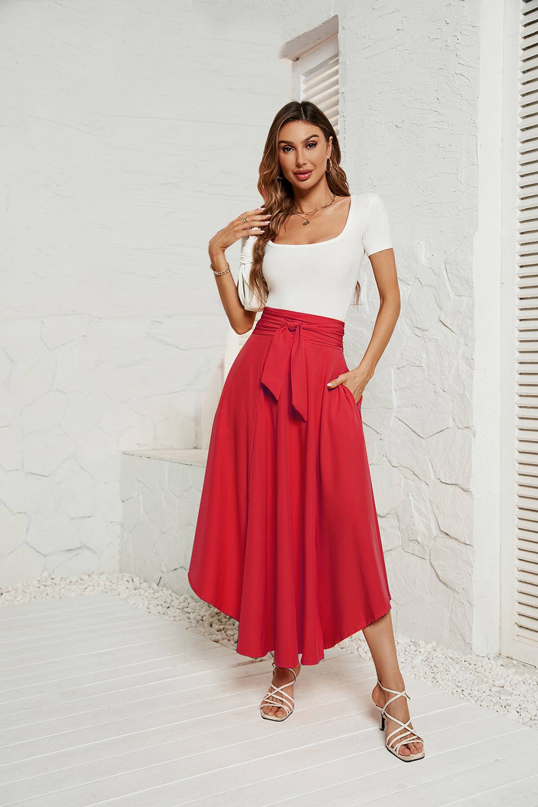 Solid color artistic lace-up skirt