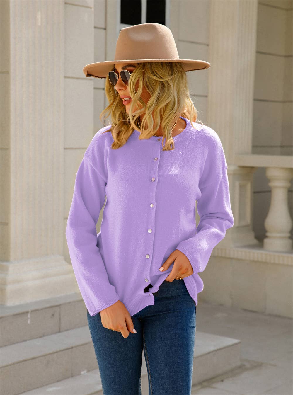 TEMPERAMENT BUTTON KNIT SOLID COLOR CARDIGAN