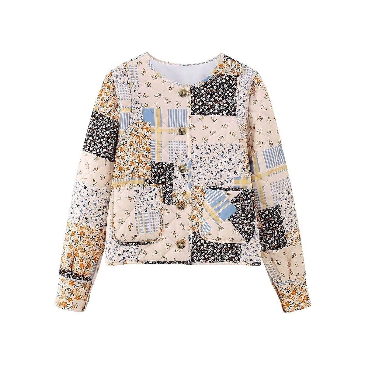FLORAL PRINT PANELED BUTTON QUILTED JACKET