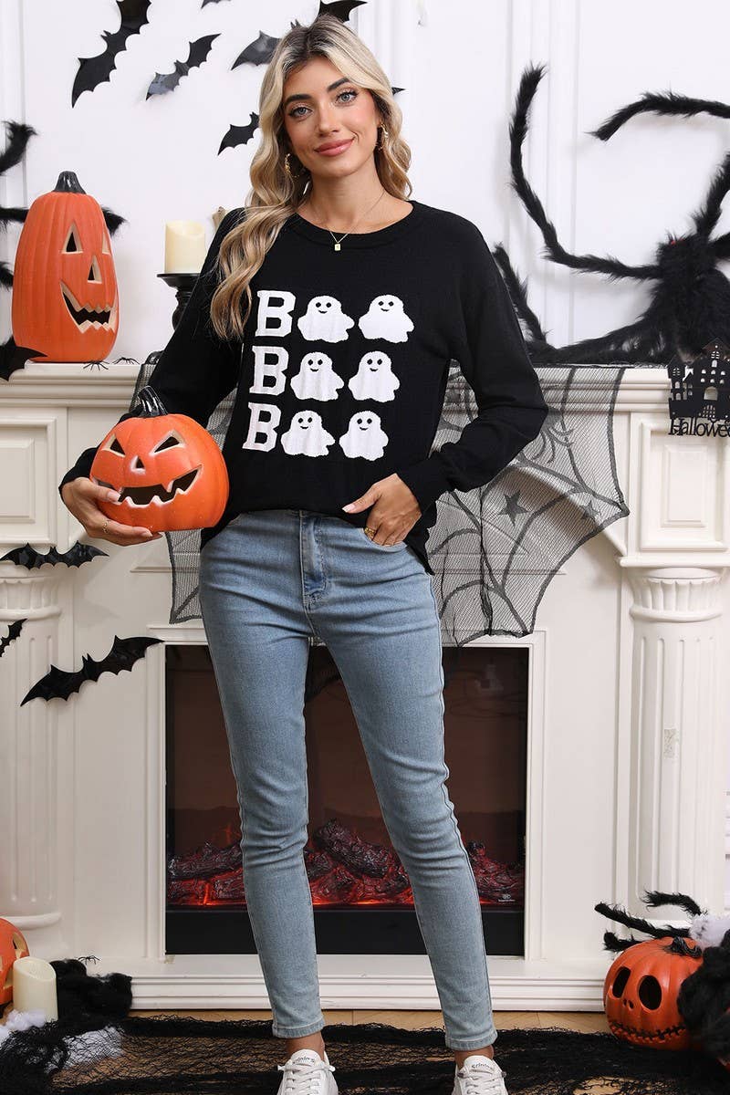 CWOSWL07356_HALLOWEEN EMBROIDERED CASUAL CREWNECK TOP