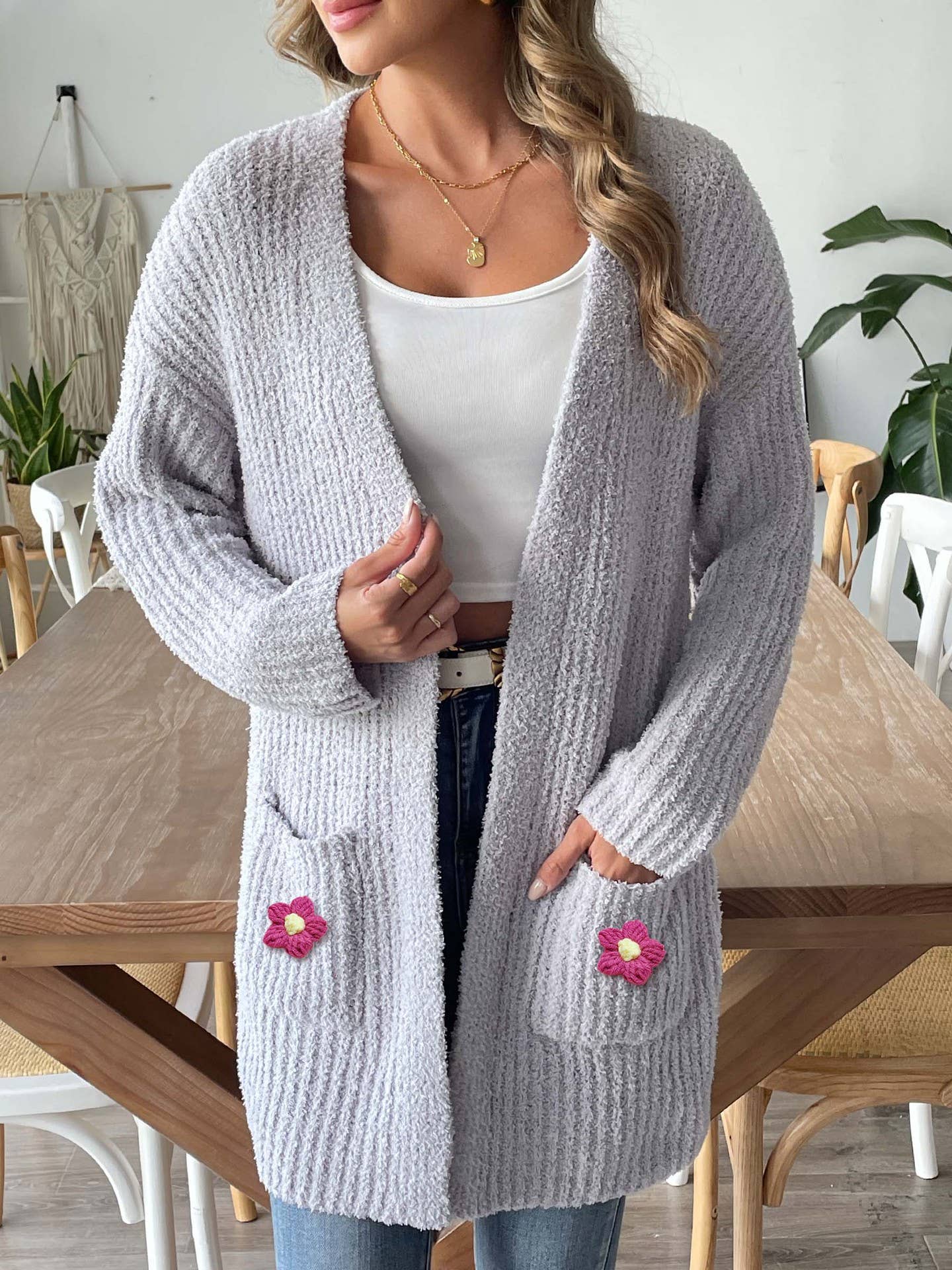 Woven hand-crocheted double pocket casual sweater jacket