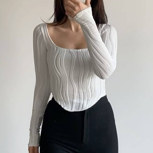 French Design Style Pleated U-Neck Simple Top